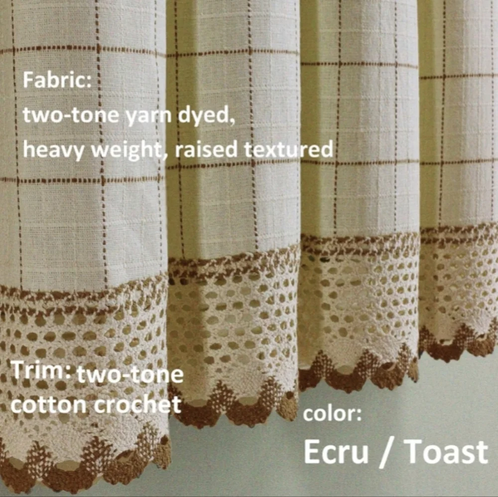 VTG 90s Ecru/Toast Windowpane Crocheted Trim Valance & 2 Half Cafe Curtain Set